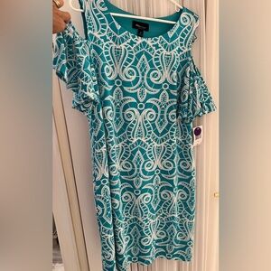 NEW - Turquoise, Off the Shoulder dress with wh. raised design, sz. 16